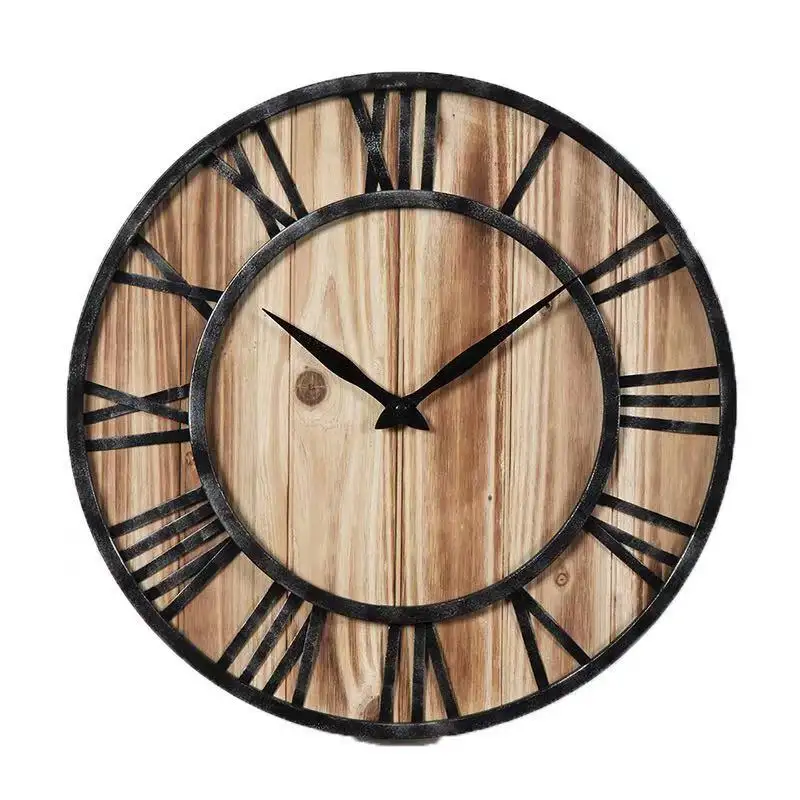 16" 40cm Oldtown Industrial Rustic Bronze Metal Frame with Natural Fired Solid Wooden Face Vintage Home Decor Wall Clock