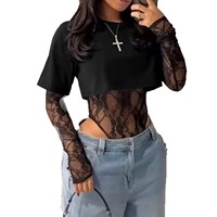 Combinaison en dentelle pour femme, effet deux pièces, manches longues, col rond, style streetwear, automne, vente en gros, personnalisation OEM