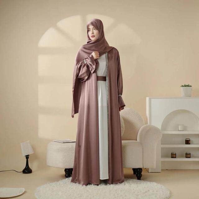Modest Women's Plus Size Satin Open Abaya Set Khimar Prayer Dress Poet Sleeves Hijab Matching Belt Muslim Islamic 4 Piece Set