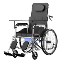 Fauteuil roulant entièrement inclinable avec pneus pleins de 24 pouces et coussin de siège en tissu Oxford, cadre en acier carbone, repose-jambes réglable, frein à main, cuvette et table
