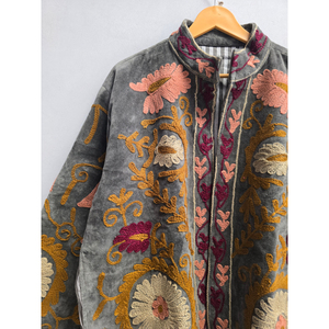 Charcoal Grey Velvet Floral <b>Embroidered</b> <b>Women</b>’s <b>Jacket</b> with Multicolor Botanical Motifs, Stand Collar Long Sleeve Designer - Product Image 2