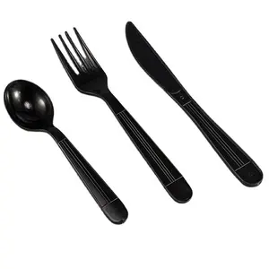 LOKYO-tenedor de plástico PP negro de 7 pulgadas, cuchara y cuchillo