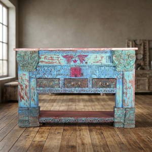 Meilleure collection de table console en bois sculpté à la main avec 3 tiroirs, art himalayen antique - Product Image 6