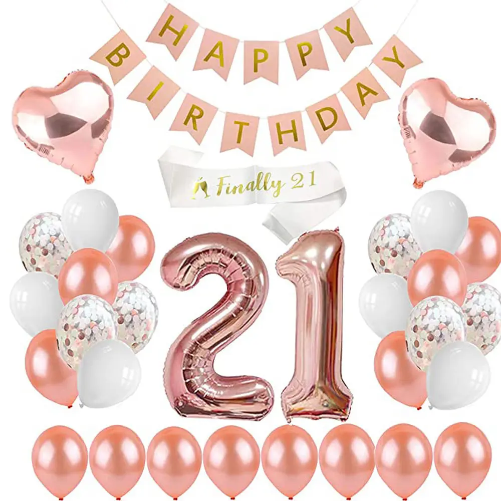 2022 Rose Gold Happy Birthday Balloons Banner 21st Rose Gold Birthday Party Decoration set