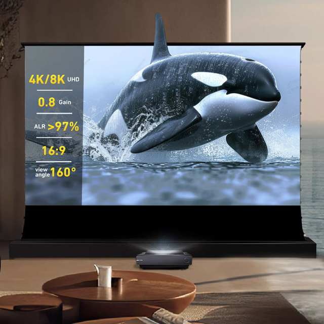 100inch Motorized Floor Rising Curtain PET Crystal CBSP UST 4K ALR Electric Projector Screen for Laser Projector