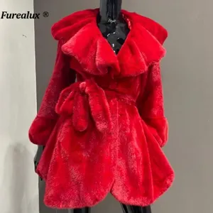 New Red Natural Real Mink Fur Coats Fashion Woman Big Lapel Real Mink Jacket Slim Sashes Winter Warm Thick Real Fur Outerwear