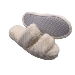 V pattern thick faux fur new trend arrival Two bands ECRU women lady indoor bedroom fashion home slippers footwear