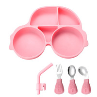 Ensemble d'alimentation jetable pour bébé et tout-petit, assiette ronde en silicone avec visage souriant, bavoir, bol divisé, cuillère, fourchette, tasse, design imprimé