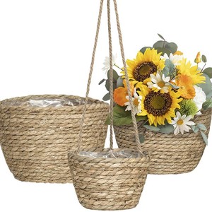 Straw Woven Hanging Flower <b>Baskets</b> Round Grass Material Storage <b>Basket</b> For Plants And Gifts - Product Image 1