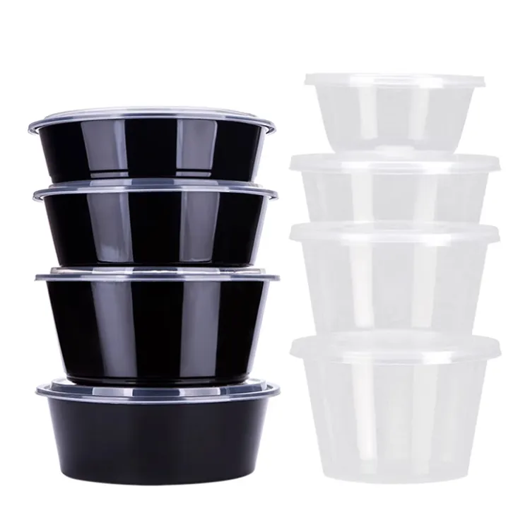 حاويات سوداء للاستعمال مرة واحدة 16 أونصة 24 أونصة 32 أونصة 37 أونصة 48 أونصة من البلاستيك مع أغطية للطعام