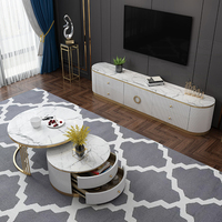 Ensemble de meubles de salon modernes de luxe, meuble à vin d'angle, acier inoxydable doré brillant, plateau en marbre, meuble TV, table basse, rangement