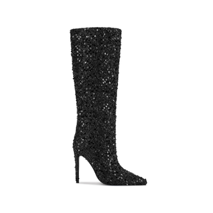 WETKISS Elegant Signature Sequined Dance Catwalk Stiletto Beaded Black Gold para mujer Botas hasta la rodilla - Product Image 1