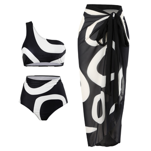 ชุดว่ายน้ำสามชิ้นสไตล์เรโทรปี 2025 แบบแยกชิ้น ชุดคลุมไหล่เดียว ผ้าชีฟอง กระโปรงชายหาดเอวสูง สไตล์สุดฮอต เซ็กซี่ ชุดว่ายน้ำลายพิมพ์ - Product Image 4