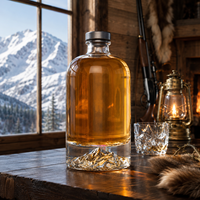 Bouteille en verre ronde de 500 ml à fond épais, à motif en relief en forme de montagne, adaptée au whisky, au brandy, à la vodka, etc.
