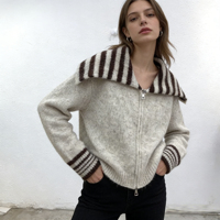 Cardigan zippé à col rayé pour femme, Nouveau pull en maille ample automne-hiver 2026, Vêtement d'extérieur décontracté doux et chaud
