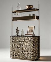 Meuble Bar Autonome pour la Maison, Vitrine de Rangement à Vin en Bois Massif avec Éclairage LED et Cadre Métallique Bronze Brossé pour Villa