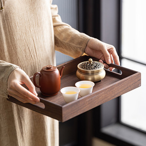 Hand-held double-handled walnut wood <b>tray</b> for <b>tea</b> sets and snacks, solid wood rectangular dessert <b>tray</b> for home use on coffee - Product Image 1