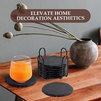 Ensemble de 8 sous-verres ronds noirs en ardoise avec support en métal Table basse en pierre de 4 pouces pour bureau à domicile cuisine appartement bar