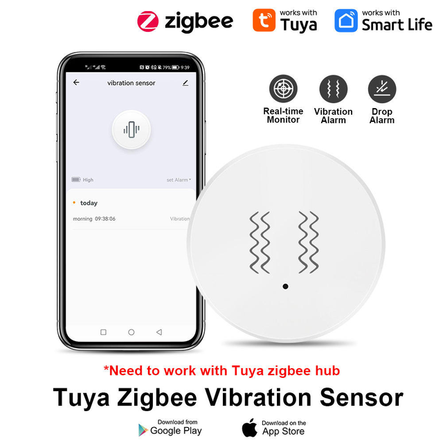 Zigbee Smart Vibration Sensor Detection Tuya Smart Life APP Notification Real-Time Motion Shock Alarm