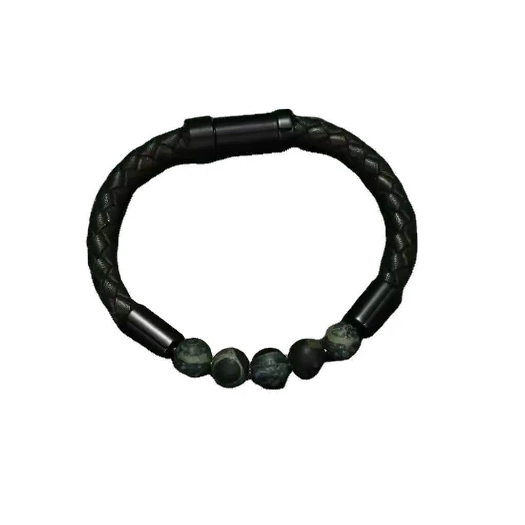 316L Stainless Steel Unique Green Natural Stone Agate Beaded Bangle Bracelet Braided Leather Bracelet For Men And Women