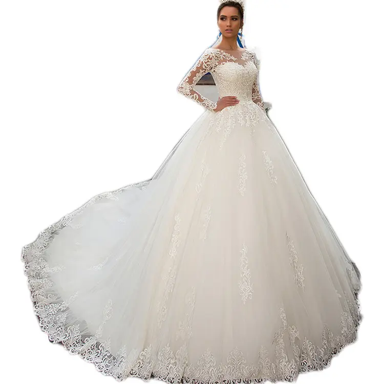 Romantic French White Slim Long Sleeve Tail Support Wedding Dresses for Women
