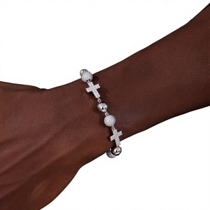 Jewelry Wholesale Luxury TUHE Mens Charm 10mm 925 Sterling <b>Silver</b> Rhodium Plated VVS Moissanite Iced Ball Cross Link <b>Bracelet</b> - Product Image 2