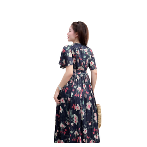 เดรสยาวผ้าชีฟองลายดอกไม้สีเขียว คอวี แขนระบาย เอวทรงเอ ทรงเอไลน์ สำหรับงานปาร์ตี้ - Product Image 1