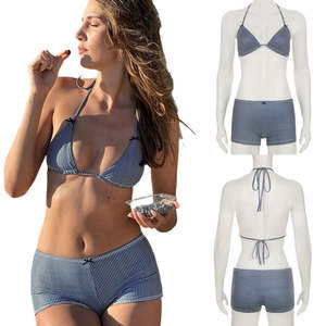 V-neck Lace up Skinny Bikini Set with Plaid Print Knitting Eco-Friendly Knee Low Rise Swim Shorts 2-Piece Beachwear OEM - Product Image 1