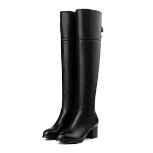 ארוך מגפי נשים מעל הברך גבוהה אתחול כיכר העקב בחורף שחור עם רוכסן חזרה צלב רצועת קישוט זול מחיר - Product Image 4