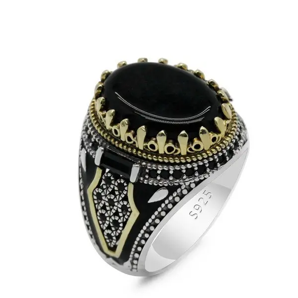 خاتم عقيق أسود عقيق ذو لونين عتيق ناعم من الفضة الإسترلينية