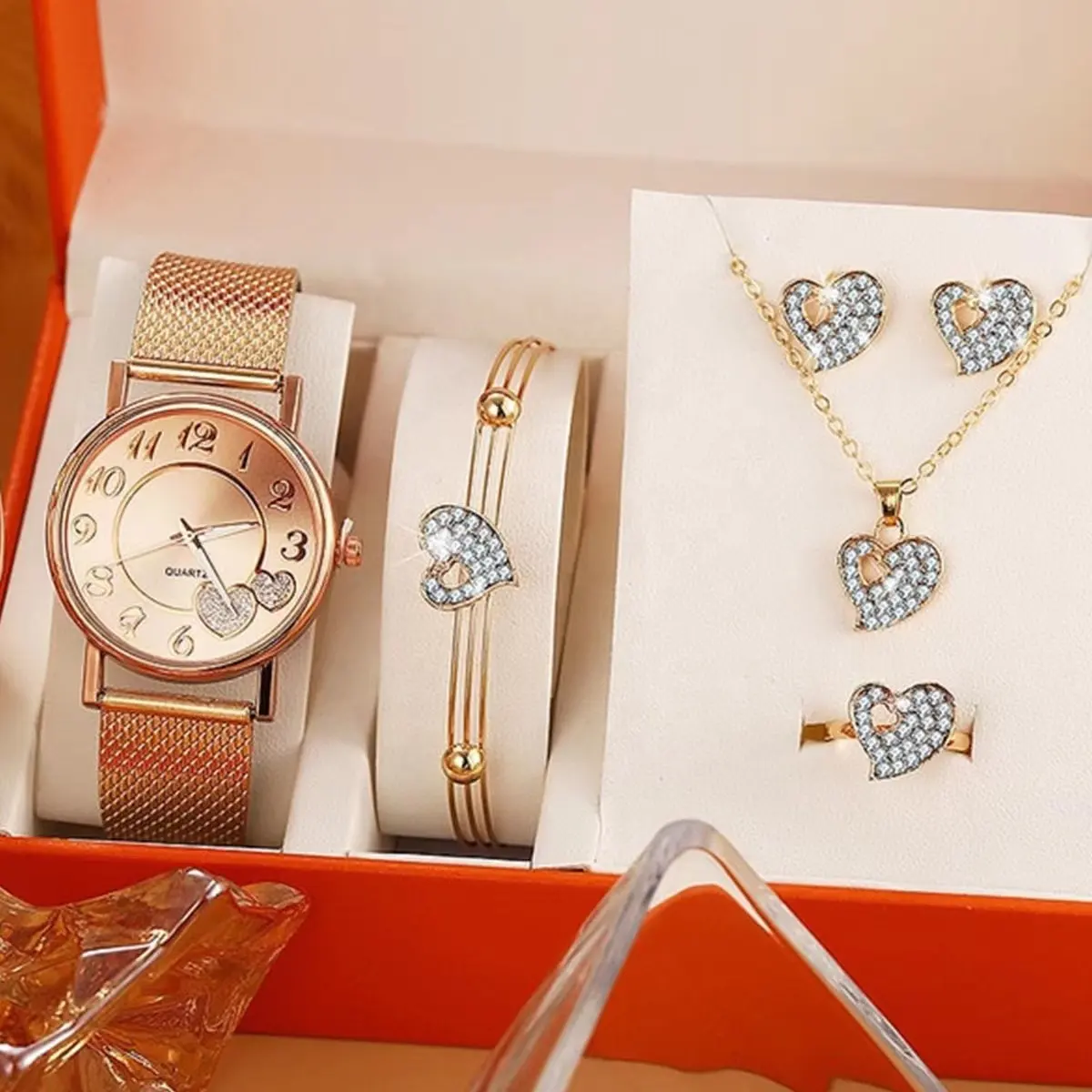 Montre de luxe ensemble de bijoux femmes mode diamant coeur montre mode affaires 5 pièces ensemble femmes polyvalent montre à Quartz