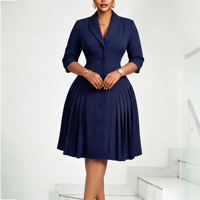 Robe midi grande taille à col châle et manches 3/4, couleur unie, boutons sur le devant, jupe plissée évasée, élégante pour l'église, pour femmes