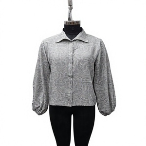 Chemisier à manches ballon à imprimé géométrique pour femme, col chemise, manches longues, haut décontracté en polyester, coupe régulière, toutes saisons - Product Image 1