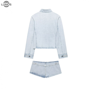 Conjunto de Dos Piezas de Moda Otoño Invierno, Informal, Sexy, de Manga Larga, Jeans de Mezclilla, Top Corto y Pantalones Cortos, Traje de Dos Piezas para <span class=keywords><strong>Mujer</strong></span> - Product Image 3