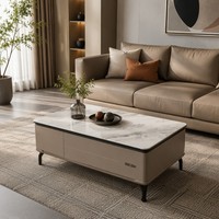 Table basse de salon familiale moderne en verre éco-responsable avec tiroir à fermeture douce sans poignée, aspect marbre, sécurité enfant, vente en gros