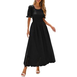 Vestido Maxi de Mujer con Ojales y Fruncido, Cuello Redondo, Manga Abullonada, Estilo Bohemio, para Fiesta, Fluido, de Verano, con Bolsillos, Tejido Transpirable - Product Image 1