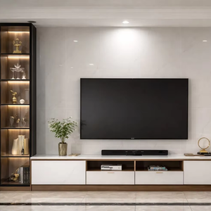 Meuble TV suspendu style bois simple, meuble TV <span class=keywords><strong>mural</strong></span> pour salon, combinaison <span class=keywords><strong>table</strong></span> basse intégrée, solution intégrée pour entrepreneur en aménagement intérieur - Product Image 1