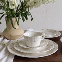 Service de table en céramique rose floral vintage français 2026 avec bord festonné en dentelle, ensemble de tasses et assiettes en porcelaine pour la location événementielle