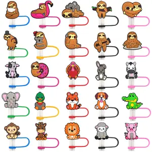 10mm design custom cartoon Reusable straw topper charms Dust-Proof Drinking Straw Tips Lids Cute Silicone Straw Cover Cap