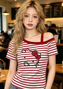 <span class=keywords><strong>T</strong></span>-<span class=keywords><strong>shirt</strong></span> rayé rouge et blanc Y2K pour femme, avec imprimé chat, coupe slim décontractée - Product Image 3