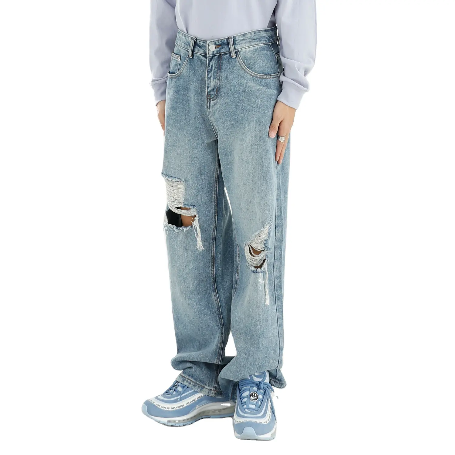 Calça jeans personalizada folgada, calça jeans para meninos estampada com furos soltos e bordados