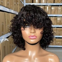 Peluca de Cabello Virgen Rizado de Lujo de 12 Pulgadas con Flequillo, Cabello Natural Ombre, Pelucas Bob de Cabello Humano Hechas a Máquina para Mujeres