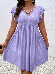 Robe décontractée en mousseline unie pour femme, longueur genou, coupe trapèze, avec dentelle, taille naturelle, idéale pour l'été - Product Image 2