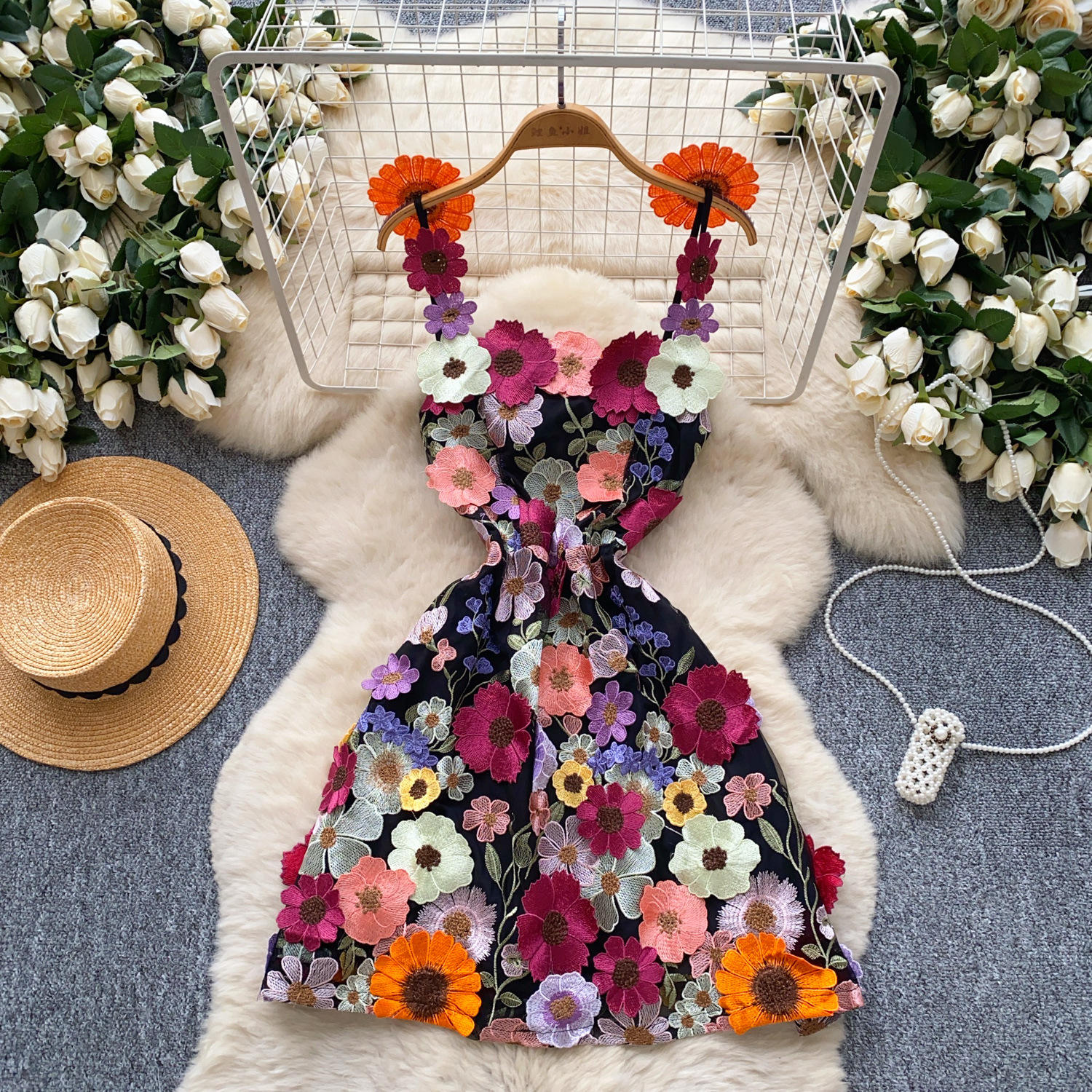 Verano Chic Floral adornado sin mangas A-Line Mini vestido sin