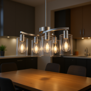 Suspension 6 lumières en nickel brossé avec abat-jour en verre transparent, réglable, pour salle à manger et cuisine, base d'ampoule E26 - Product Image 2