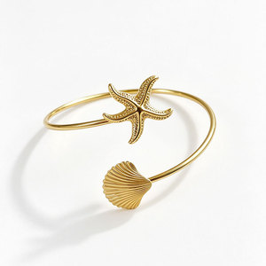 Brazalete ajustable para la parte superior del brazo con diseño de estrella de mar y concha, brazalete abierto de moda, pulsera llamativa, joyería para mujer, para uso diario y fiestas. - Product Image 6
