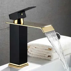 Modern lüks paslanmaz çelik tek kolu borulu lavabo havzası musluk siyah altın renk şelale banyo muslukları