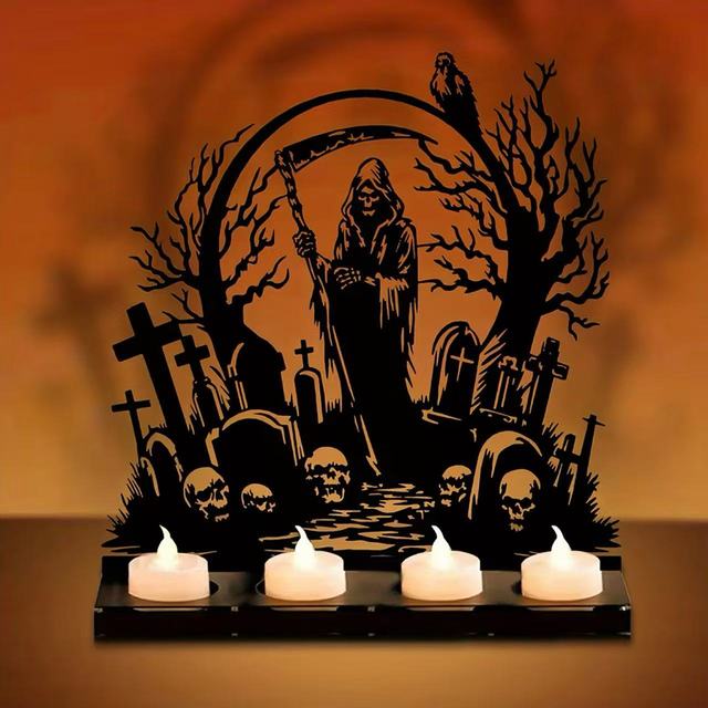 Halloween Grim Reaper Iron Candle Holder Wholesale, Skull Ghost Crow Cemetery Silhouette, Home Bar Party Decor