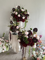 Arche de fleurs artificielles en soie bordeaux, arrangement floral mixte d'hortensias rouges et d'orchidées, fausse composition florale durable de haute qualité pour mariage