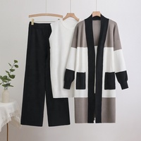 Ensemble trois pièces en laine pour femmes européennes et américaines : pull cardigan mi-long tricoté, pantalon large